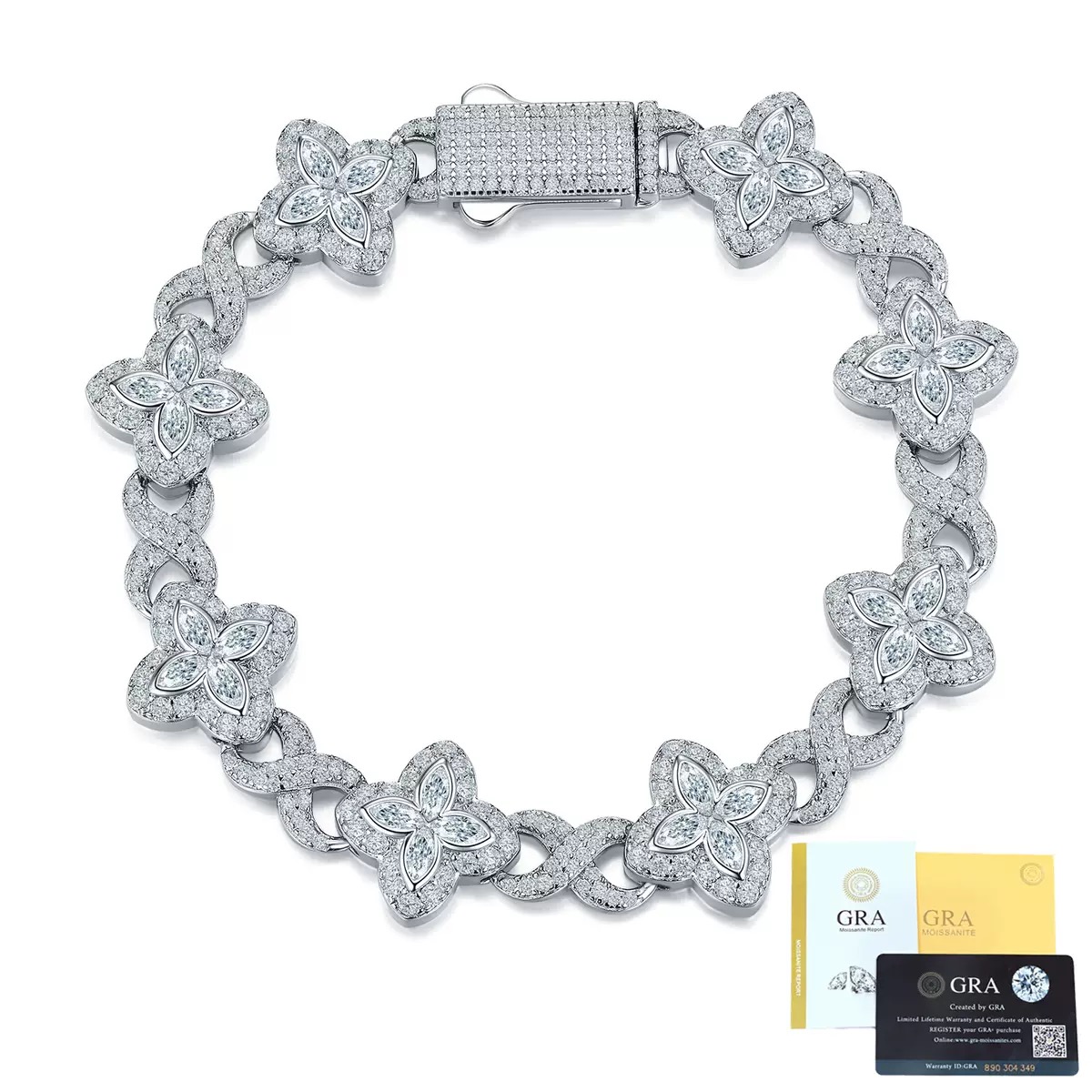 Four-Petal Flower & Infinity-Link Moissanite Bracelet in 925 sterling silver with moissanite