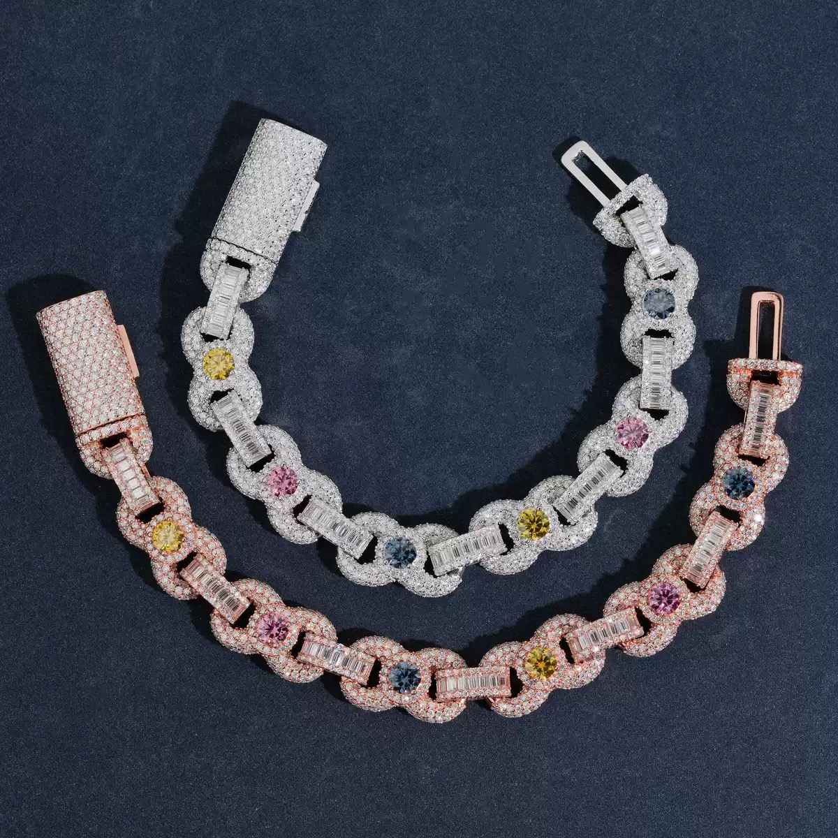 Multicolor Baguette-Accent Loop-Link Moissanite Bracelet in 925 sterling silver with moissanite
