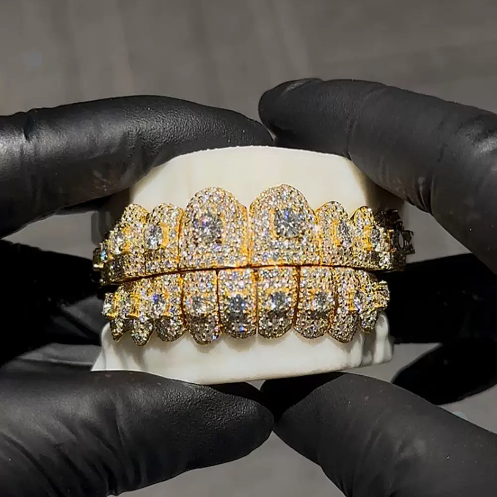 Gold-Tone Custom Moissanite Grillz in 925 sterling silver with moissanite