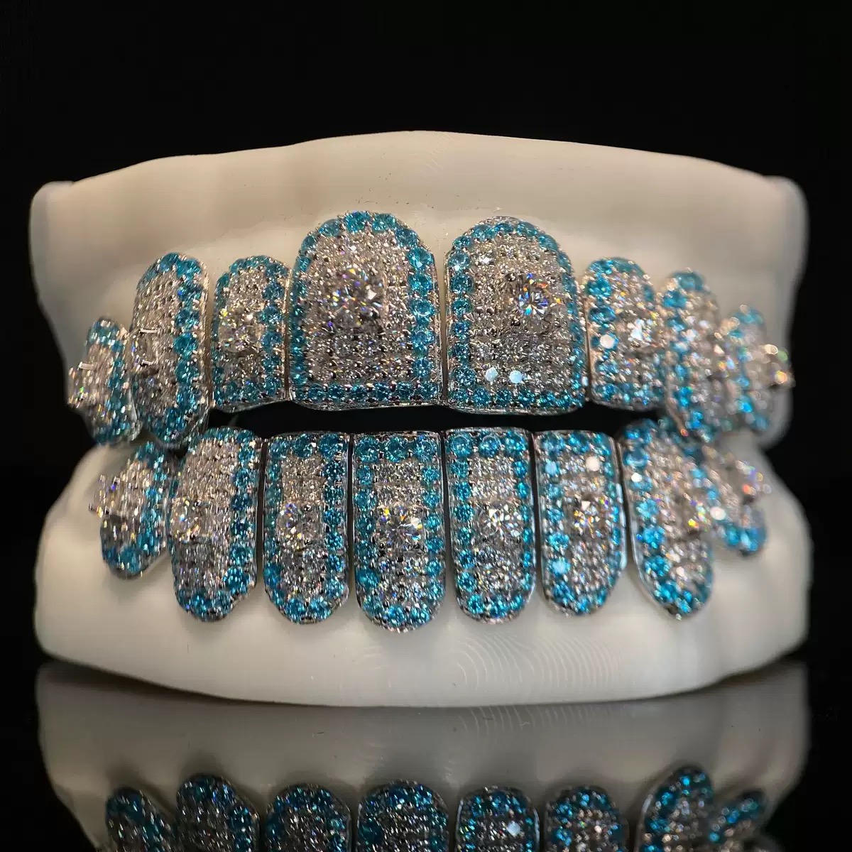 Blue Halo Custom Moissanite Grillz in 925 sterling silver with moissanite