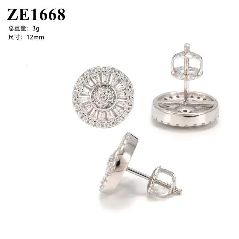 Radiating Baguette-Style Round Moissanite Stud Earrings in 925 sterling silver with moissanite