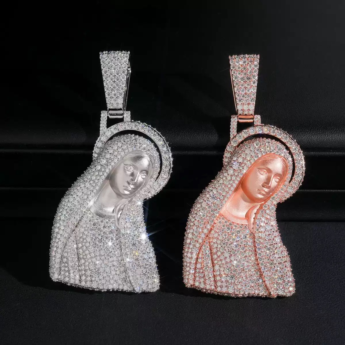Halo Madonna Portrait Moissanite Pendant in 925 sterling silver with moissanite