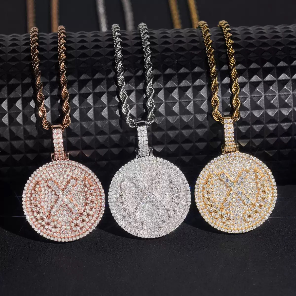 Crossed-Line Round Medallion Moissanite Pendant in 925 sterling silver with moissanite