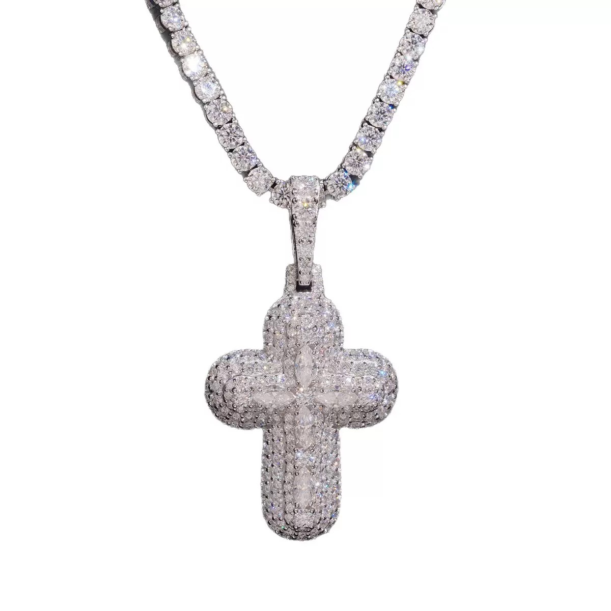 Rounded Floral-Center Cross Moissanite Pendant in 925 sterling silver with moissanite