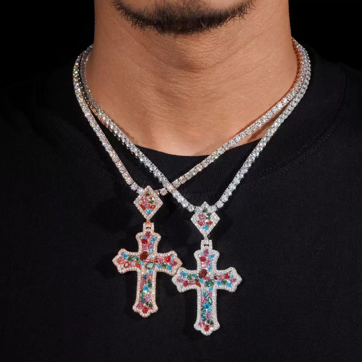 Multicolor Mixed-Shape Cross Moissanite Pendant in 925 sterling silver with moissanite