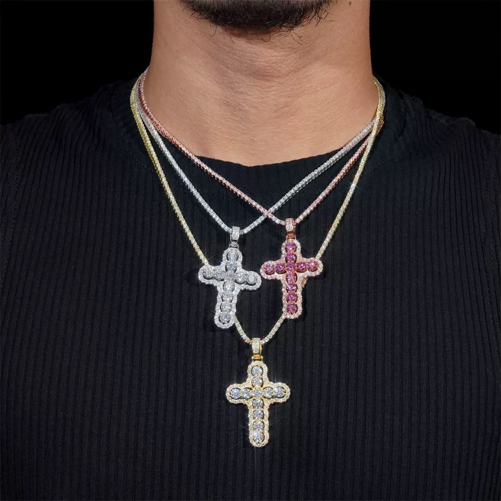 Round-Stone Halo Cross Moissanite Pendant in 925 sterling silver with moissanite